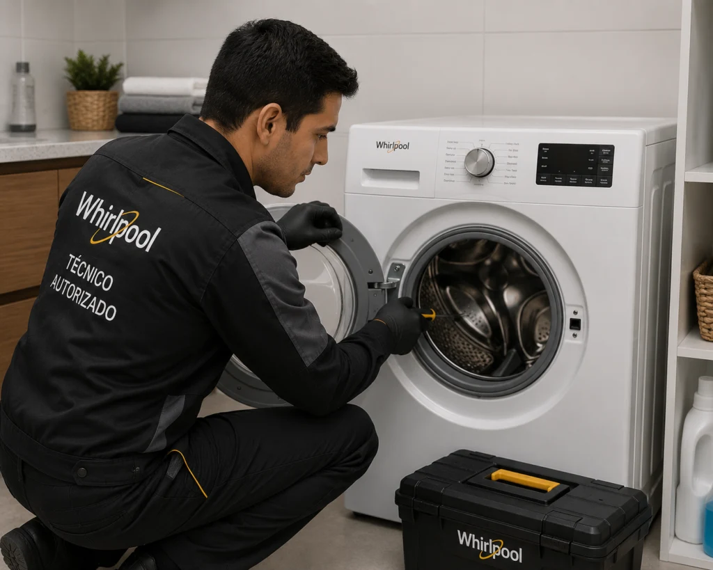 Ingeniero utilizando software de diagnóstico técnico predictivo en equipos Whirlpool